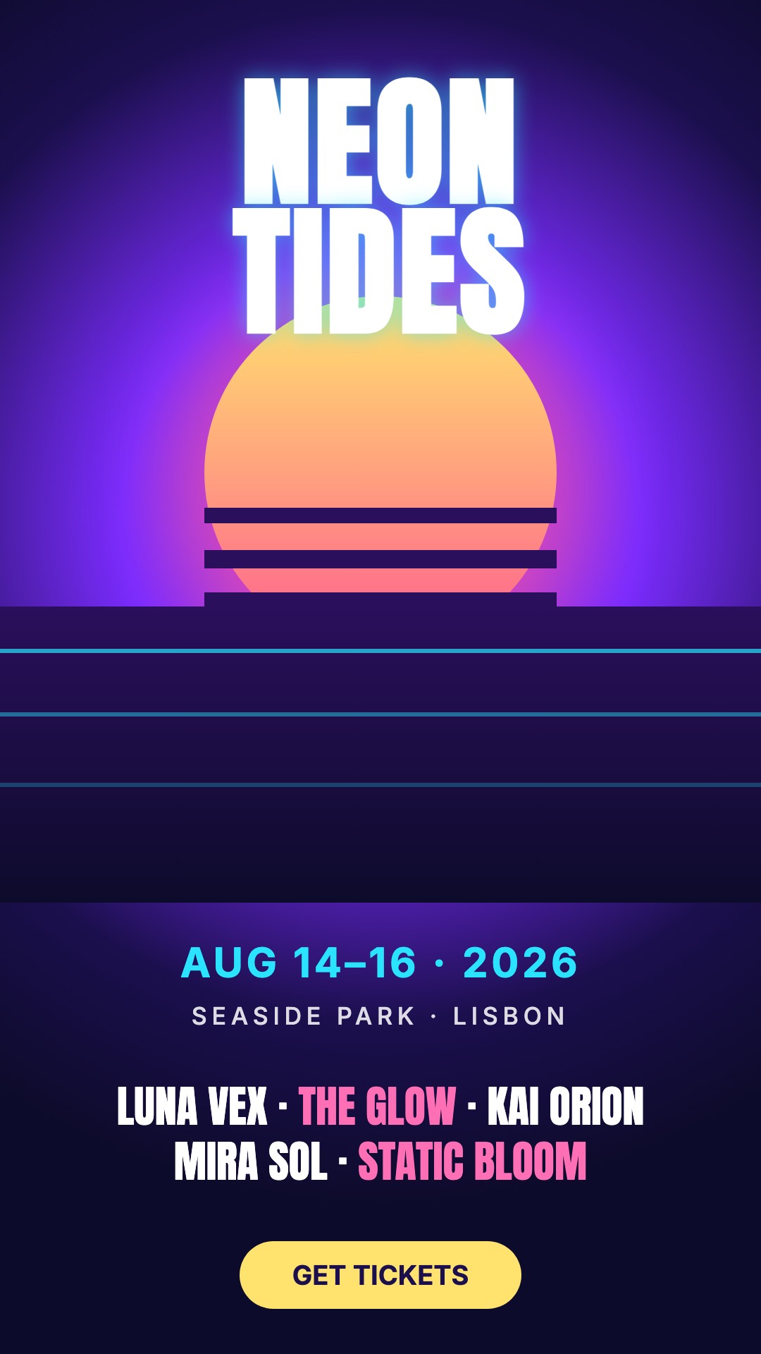 Neon Tides festival poster with a pink sun, ocean lines and a Get Tickets button