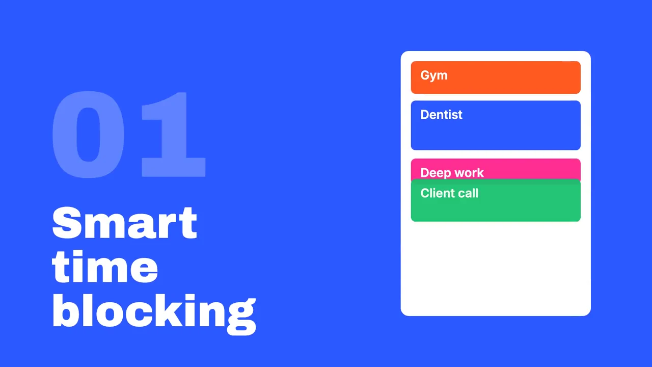 The Orbit feature scene at 5.8 seconds, with the Deep work and Client call cards overlapping inside a white panel.