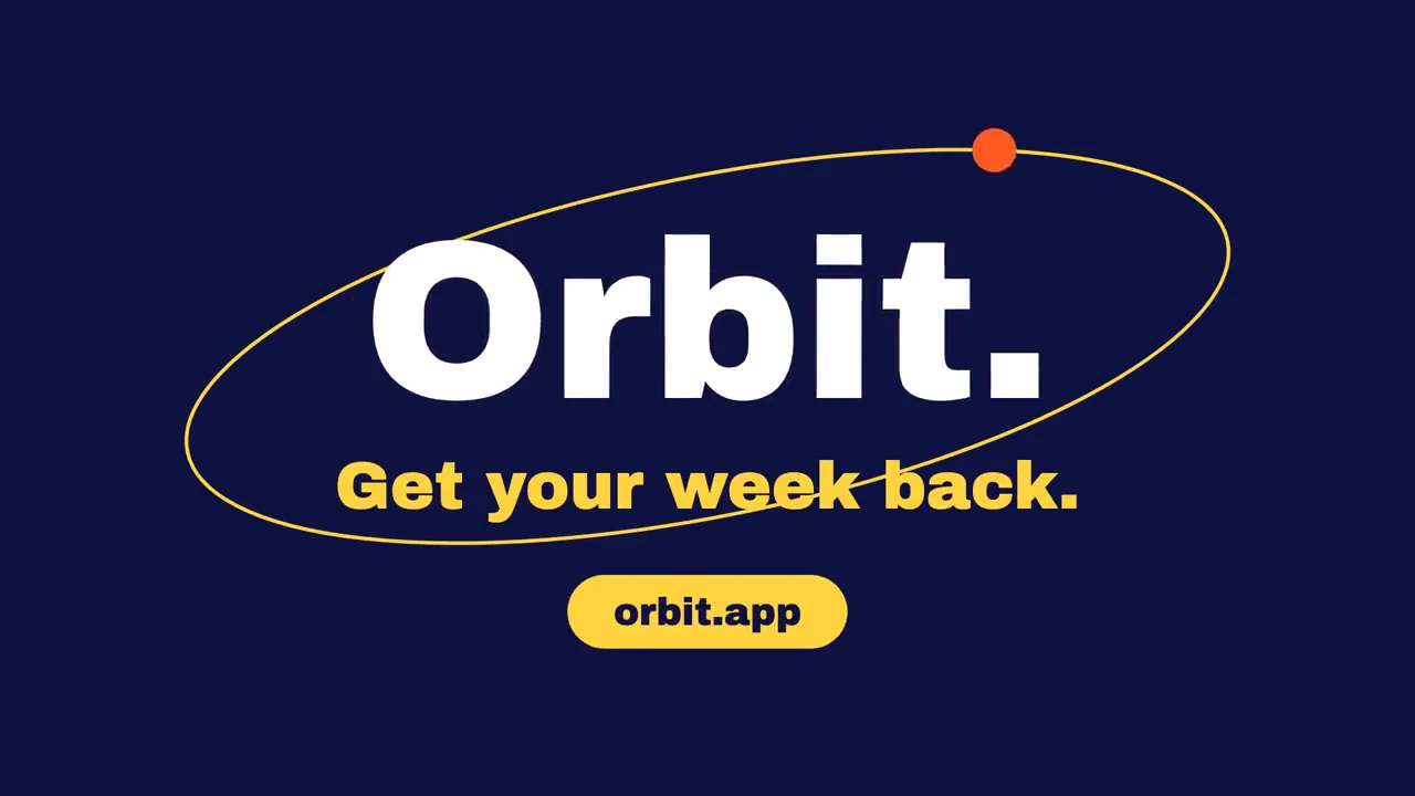 The Orbit end card at 14.6 seconds, showing the product name, tagline and address, with the orbital line running through the tagline.