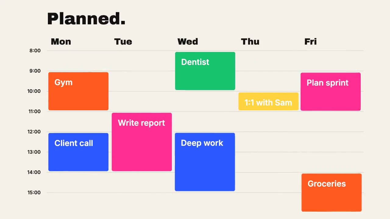 A frame at 4.2 seconds showing the scattered tasks arranged into a Monday-to-Friday calendar.