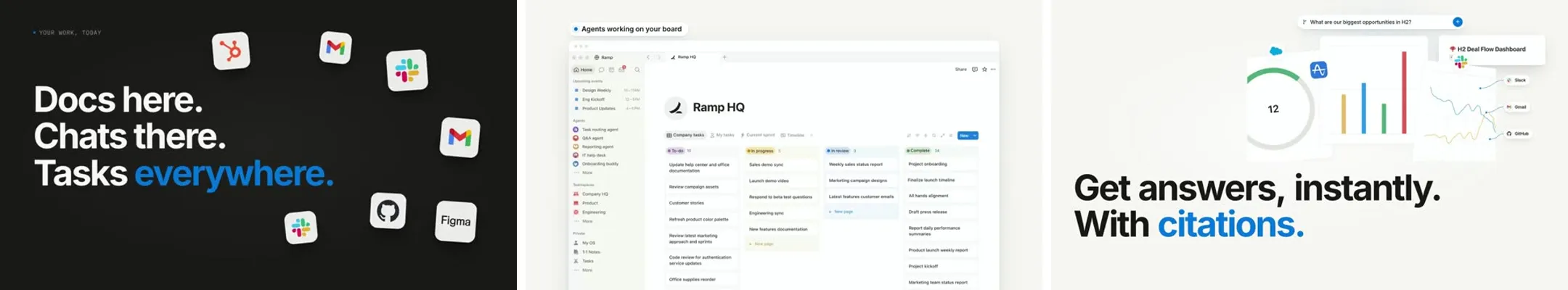 Three frames from Moritz Kremb’s SaaS launch video featuring Notion: the line “Docs here. Chats there. Tasks everywhere.” with app icons, a project board interface, and the line “Get answers, instantly. With citations.”