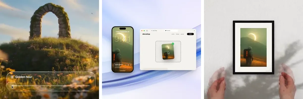 Three frames from zero’s launch film for a print app called develop: a glass slider relighting a landscape photo to golden hour, a phone and a laptop window sharing the photo, and the photo as a framed print on a real wall