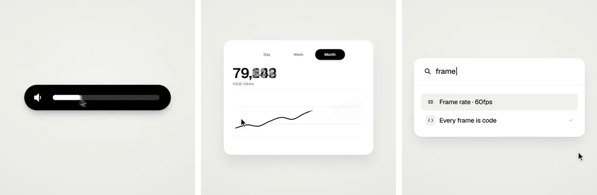 Three frames from zero’s UI motion video: a black volume slider, a chart card with a Day/Week/Month toggle, and a command palette searching for “frame”