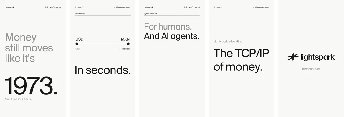 Five frames from David Marcus’s vertical Lightspark ad: “Money still moves like it’s 1973”, a USD to MXN transfer “In seconds”, “For humans. And AI agents.”, “The TCP/IP of money.”, and the Lightspark logo