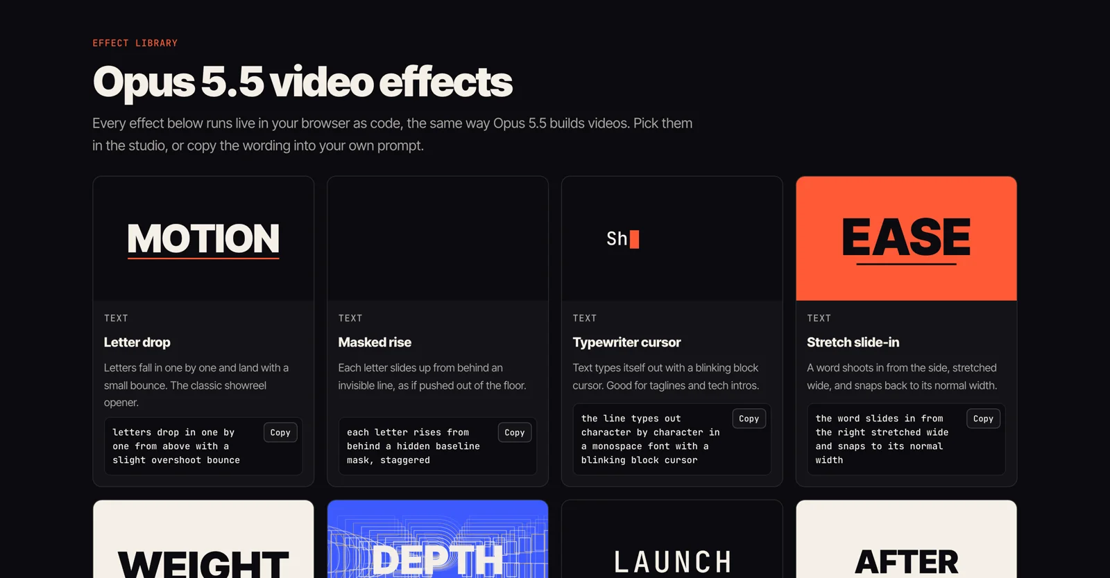 The Tellcut effect library showing four text effects: letter drop, masked rise, typewriter cursor, and stretch slide-in, each with copyable prompt wording