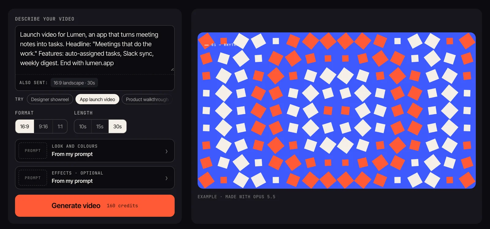 The Tellcut generator with the App launch video template loaded: a prompt for an app called Lumen, 16:9 format, 30-second length, and a Generate video button