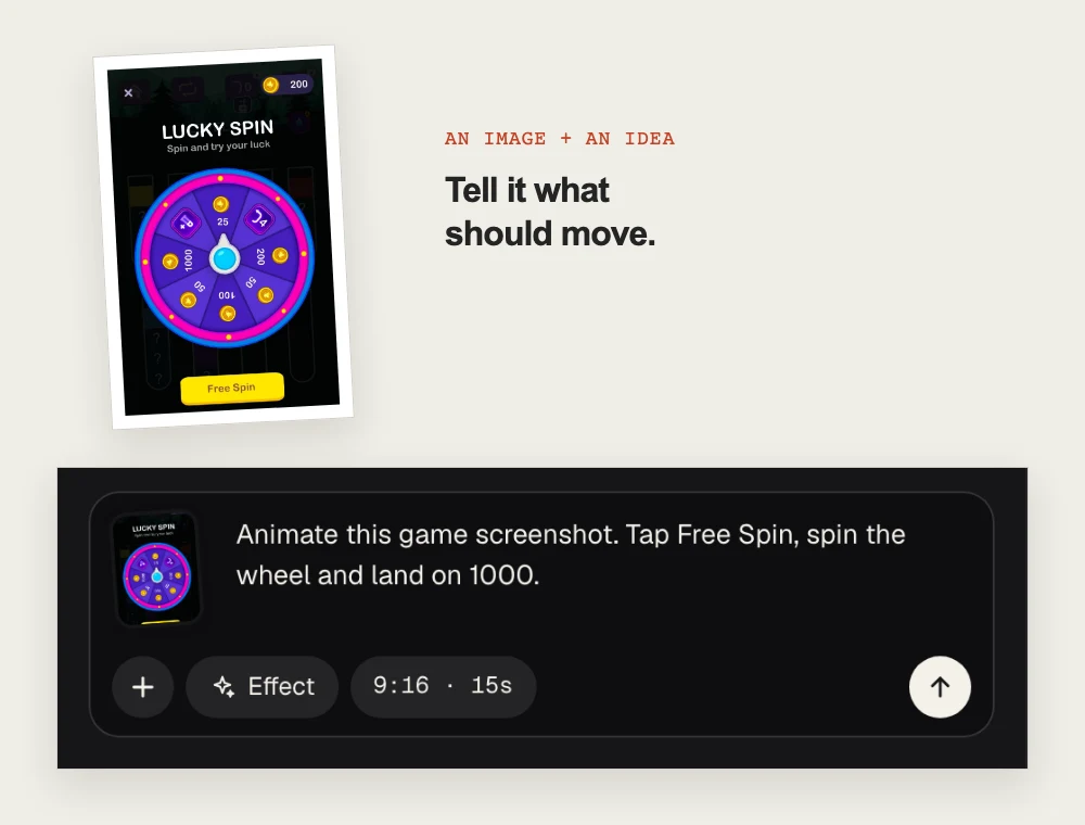A game screenshot attached to a video brief in Tellcut, with effect, format and duration controls below.