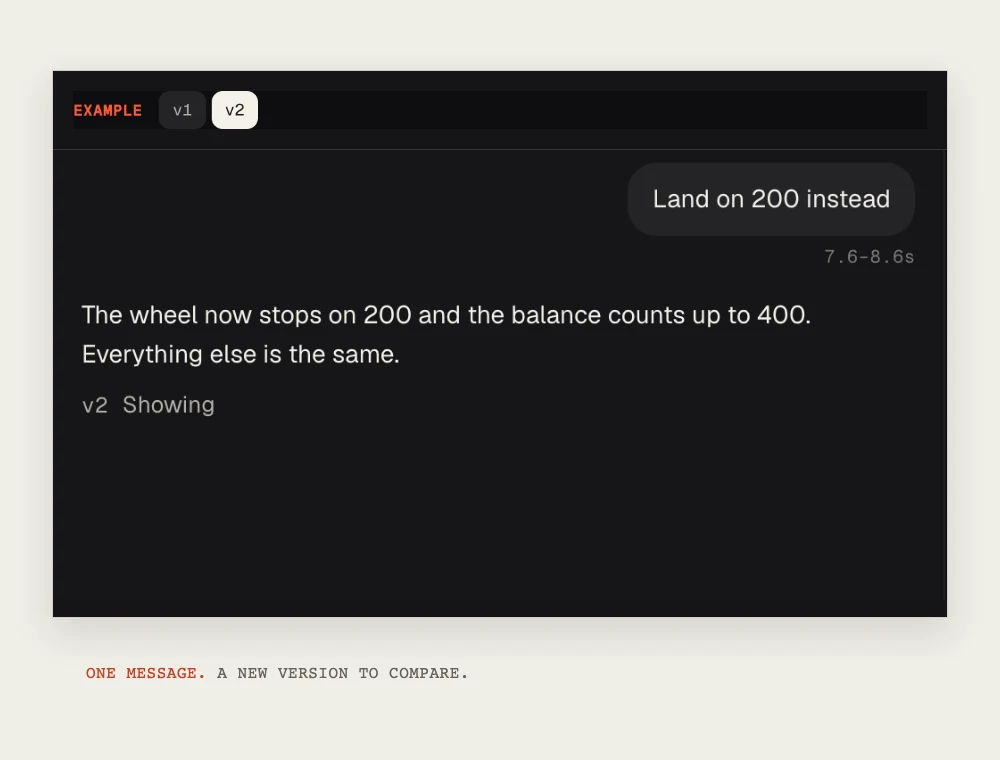 A chat request to land on 200 instead, followed by Tellcut's updated result and saved version controls.